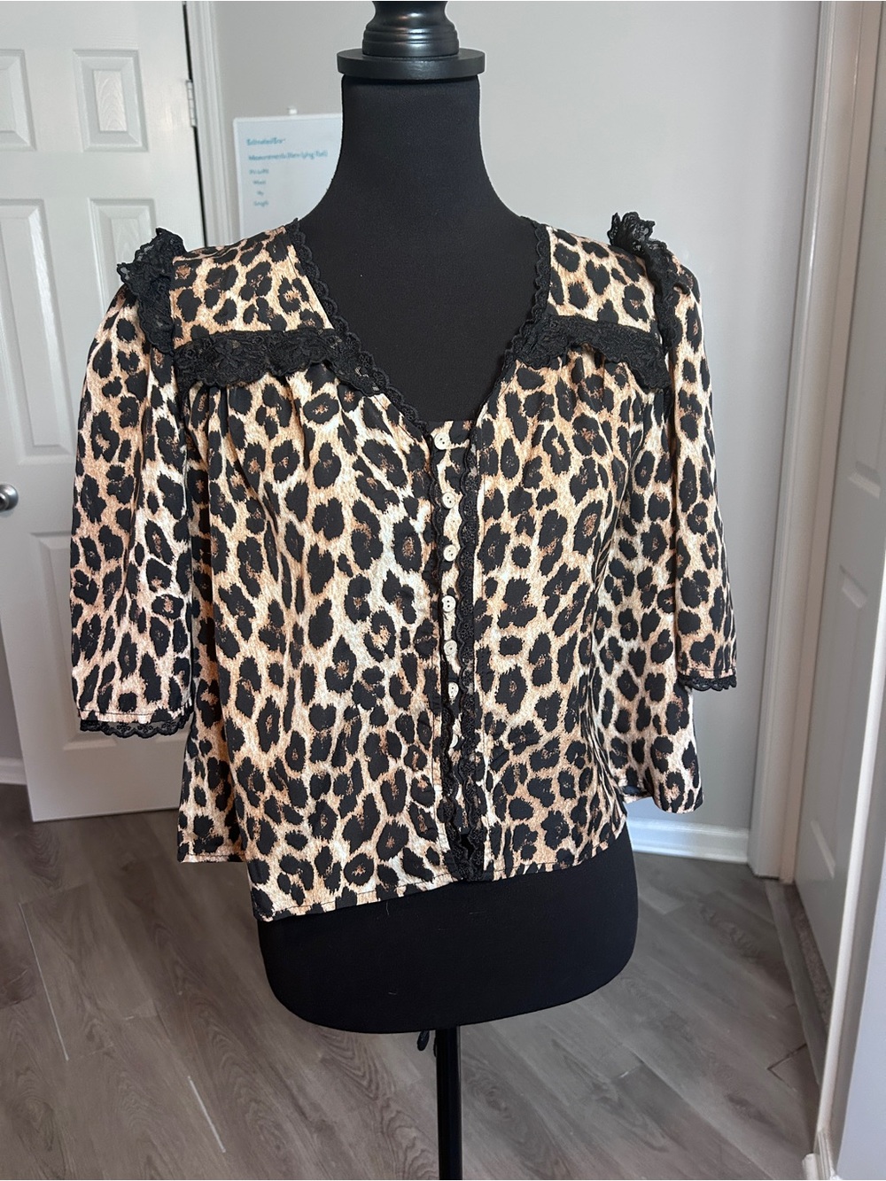 Leopard Print Lace Trim Babydoll Blouse Medium Y2K Coquette Cheetah Top